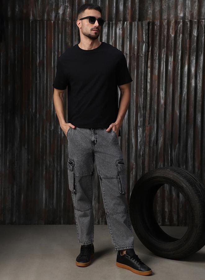 HIGH STAR Men'S Grey 100% Cotton Washed Regular Length Cargo Straight Fit Jeans - Image 2
