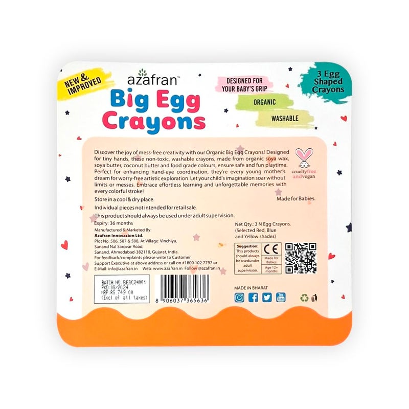 azafran Organics Big Egg Crayons - Non-Toxic, Washable, Hypoallergenic, Plant-Based Grasp Crayons for Kids - Ideal Educational Toys for 1+ Year Old - Pack of 3 - Image 2