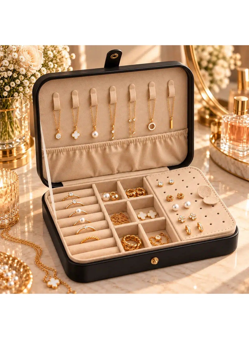 Jewelry Organizer Box for Women, Black PU Leather Travel Jewelry Case with Soft Velvet Interior, Necklace Hooks, Ring Rolls, Earring Panel & Multi Compartments, 21 x 13.5 x 5 cm - Image 3