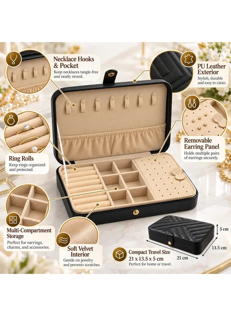 Jewelry Organizer Box for Women, Black PU Leather Travel Jewelry Case with Soft Velvet Interior, Necklace Hooks, Ring Rolls, Earring Panel & Multi Compartments, 21 x 13.5 x 5 cm - Image 2