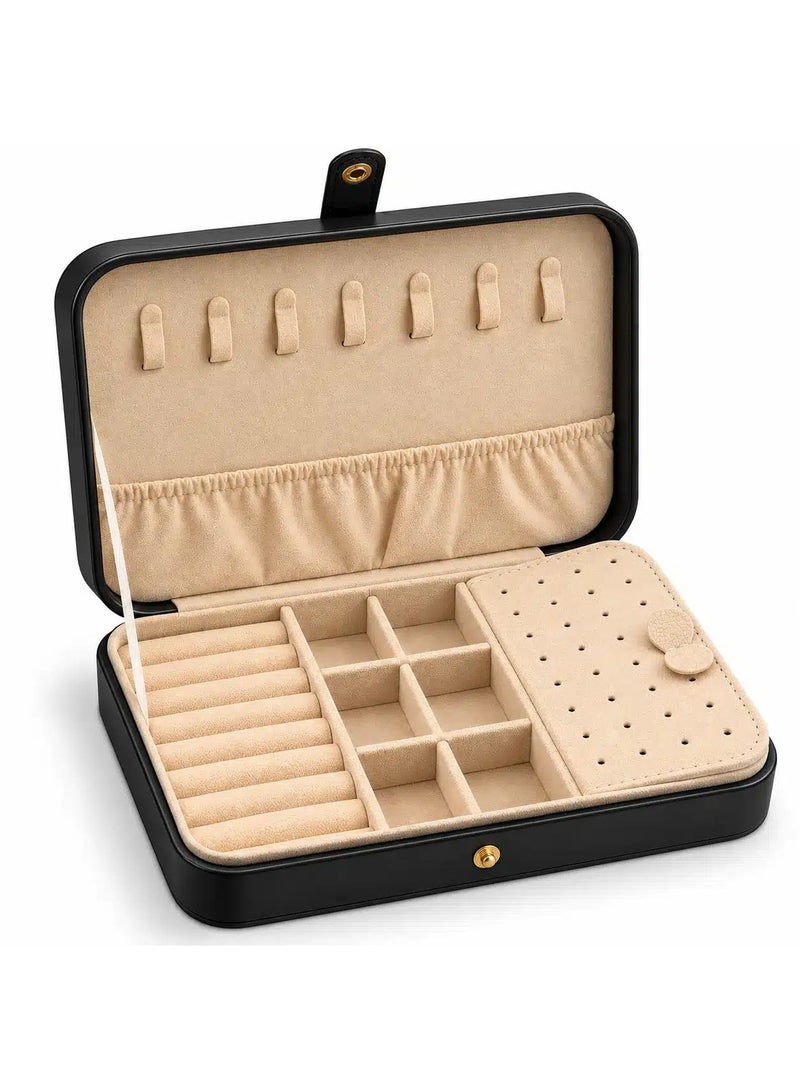 Jewelry Organizer Box for Women, Black PU Leather Travel Jewelry Case with Soft Velvet Interior, Necklace Hooks, Ring Rolls, Earring Panel & Multi Compartments, 21 x 13.5 x 5 cm - Image 1