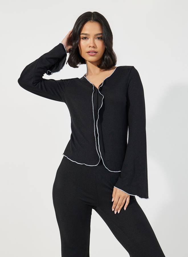 Styli Contrast Lettuce Hem V Neck Top & Flared Pants Pyjama Set - Image 2