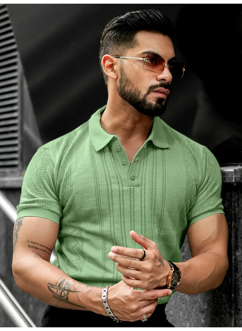 مانياك تيشيرت بولو قطن رجالي أخضر نصف كم سادة بتفاصيل نسيج