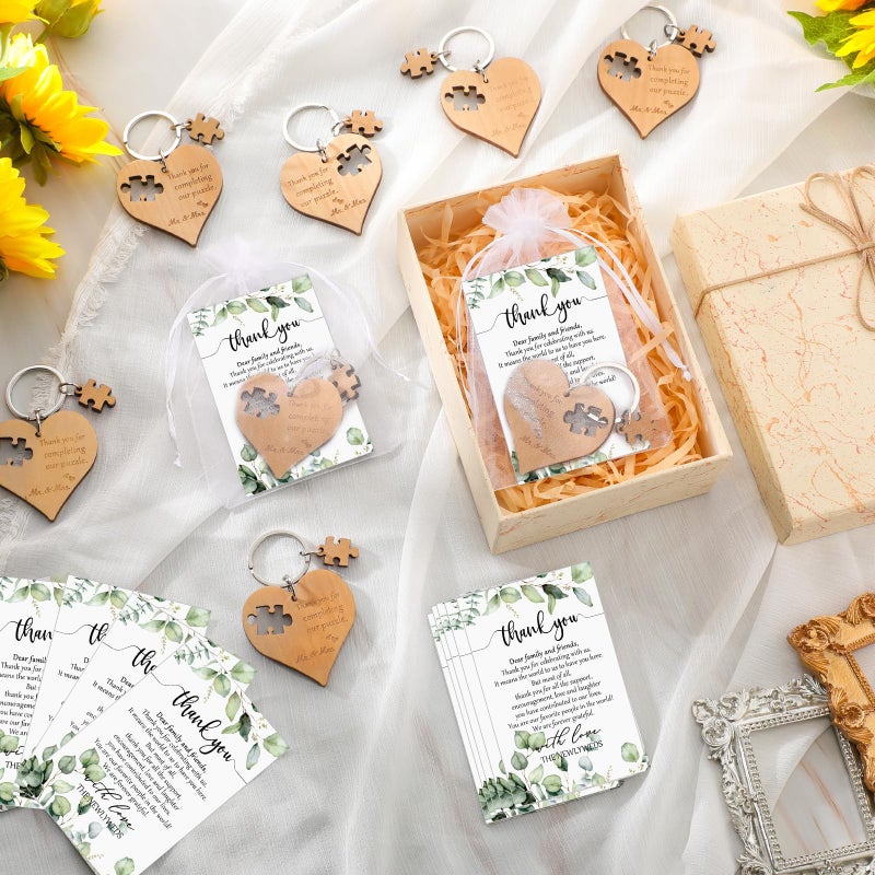 Seeloowy 50 Sets Wedding Souvenir for Guests Includes Wood Heart Puzzle Keychain Cards and Gift Bags Rustic Wedding Favors for Guests - Image 5