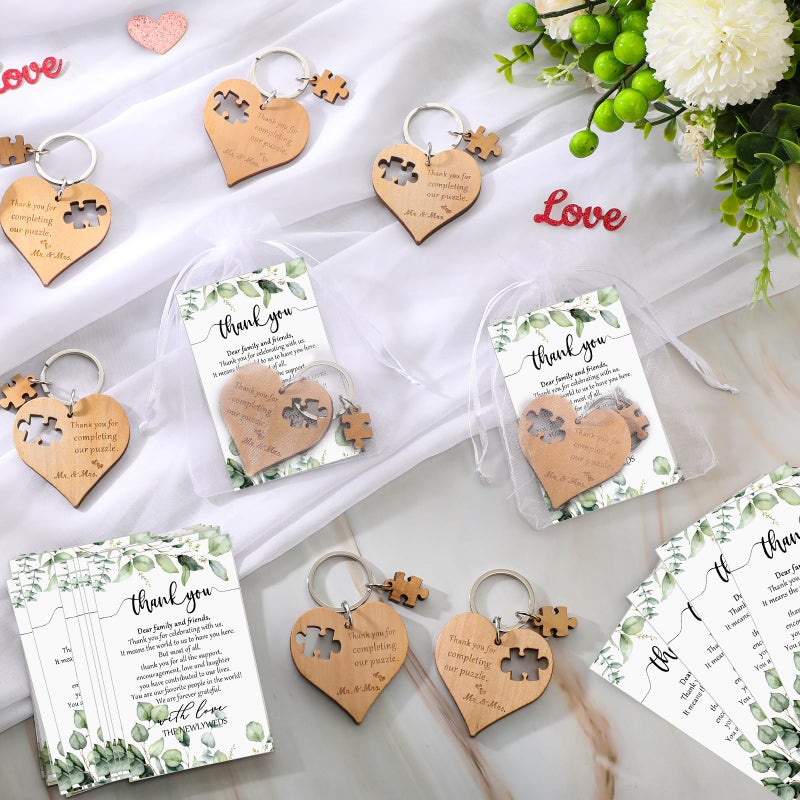 Seeloowy 50 Sets Wedding Souvenir for Guests Includes Wood Heart Puzzle Keychain Cards and Gift Bags Rustic Wedding Favors for Guests - Image 4