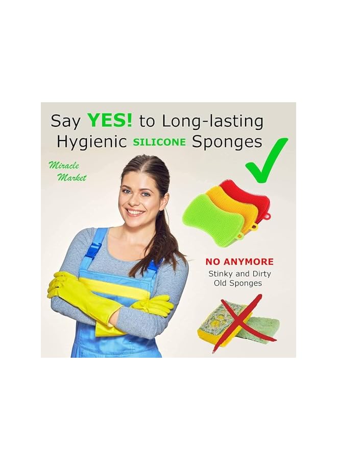 promass 3 Pack Gentle and Hygienic Kitchen Silicone Sponge for Non-Scratch Dish Washing, Cleaning Miracle Market Silicone Dish Sponge - Image 5