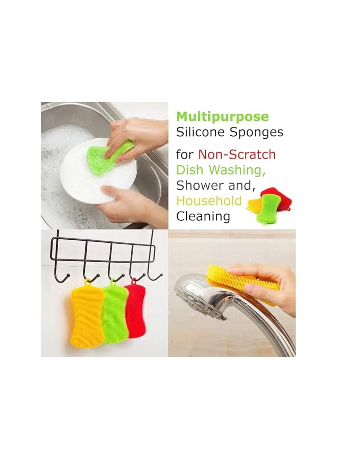 promass 3 Pack Gentle and Hygienic Kitchen Silicone Sponge for Non-Scratch Dish Washing, Cleaning Miracle Market Silicone Dish Sponge - Image 3