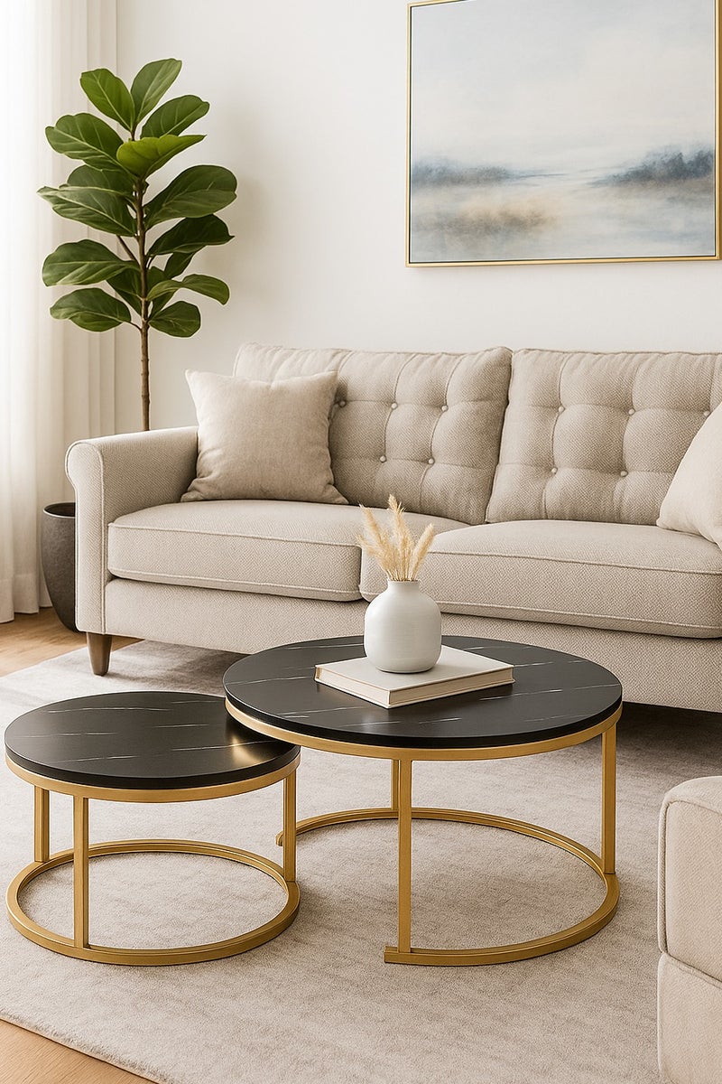 Lovstro 2-Piece Nesting Coffee Table Set, Center Table, Black Pattern with Gold Steel Frame,  Circular & Round Large Wooden Tables, Ideal as Living Room Table, or Apartment Décor. Sizes: 70x43cm + 50x36cm (Black and Gold) - Image 2