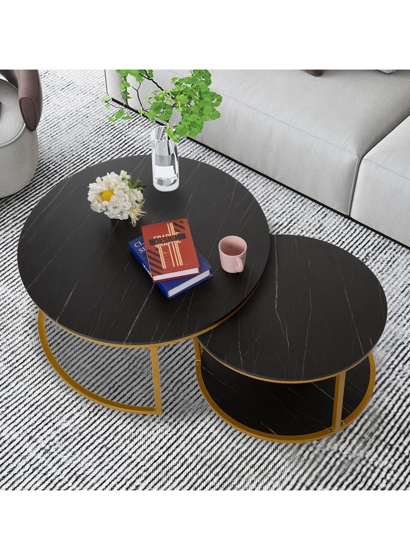 Lovstro 2-Piece Nesting Coffee Table Set, Center Table, Black Pattern with Gold Steel Frame,  Circular & Round Large Wooden Tables, Ideal as Living Room Table, or Apartment Décor. Sizes: 70x43cm + 50x36cm (Black and Gold) - Image 3