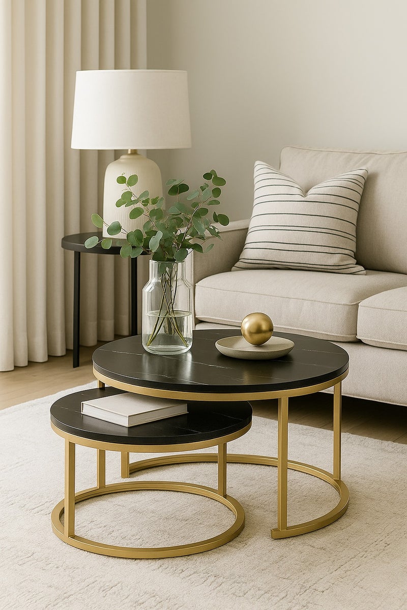 Lovstro 2-Piece Nesting Coffee Table Set, Center Table, Black Pattern with Gold Steel Frame,  Circular & Round Large Wooden Tables, Ideal as Living Room Table, or Apartment Décor. Sizes: 70x43cm + 50x36cm (Black and Gold) - Image 1