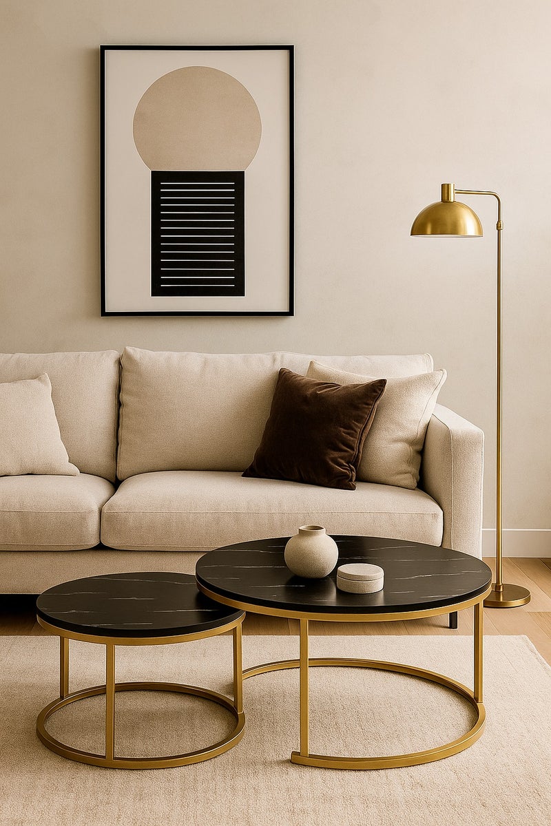 Lovstro 2-Piece Nesting Coffee Table Set, Center Table, Black Pattern with Gold Steel Frame,  Circular & Round Large Wooden Tables, Ideal as Living Room Table, or Apartment Décor. Sizes: 70x43cm + 50x36cm (Black and Gold) - Image 5