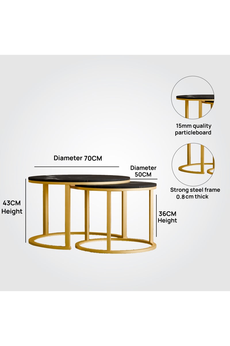 Lovstro 2-Piece Nesting Coffee Table Set, Center Table, Black Pattern with Gold Steel Frame,  Circular & Round Large Wooden Tables, Ideal as Living Room Table, or Apartment Décor. Sizes: 70x43cm + 50x36cm (Black and Gold) - Image 4