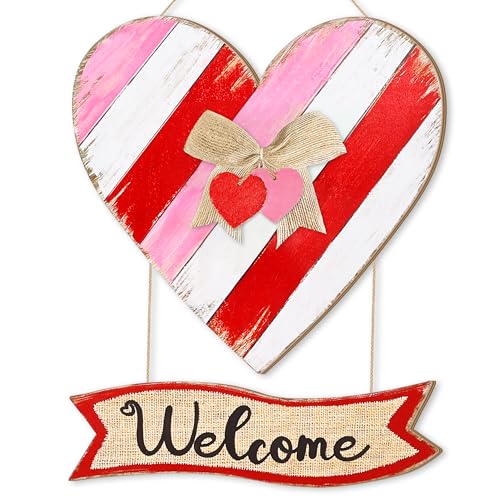 CIOEY Valentines Day Door Sign, Red Pink White Heart Wooden Sign，Valentines Hanging Wreath Welcome Wood Sign for Front Door, Home, Porch, Farmhouse, Heart Sign with Ribbon - Image 1