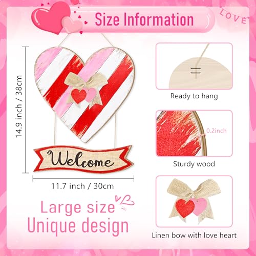 CIOEY Valentines Day Door Sign, Red Pink White Heart Wooden Sign，Valentines Hanging Wreath Welcome Wood Sign for Front Door, Home, Porch, Farmhouse, Heart Sign with Ribbon - Image 2
