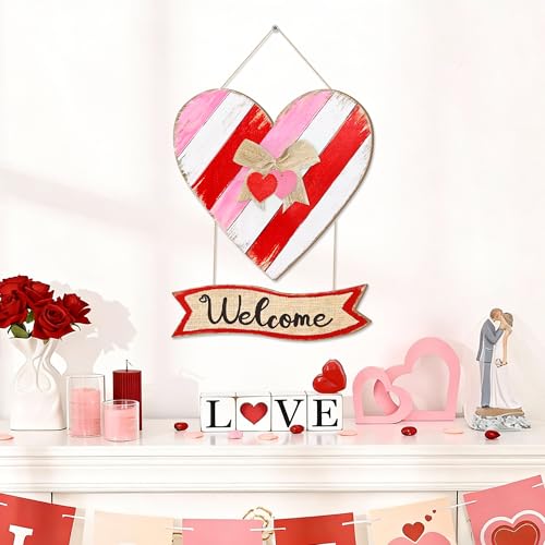 CIOEY Valentines Day Door Sign, Red Pink White Heart Wooden Sign，Valentines Hanging Wreath Welcome Wood Sign for Front Door, Home, Porch, Farmhouse, Heart Sign with Ribbon - Image 5