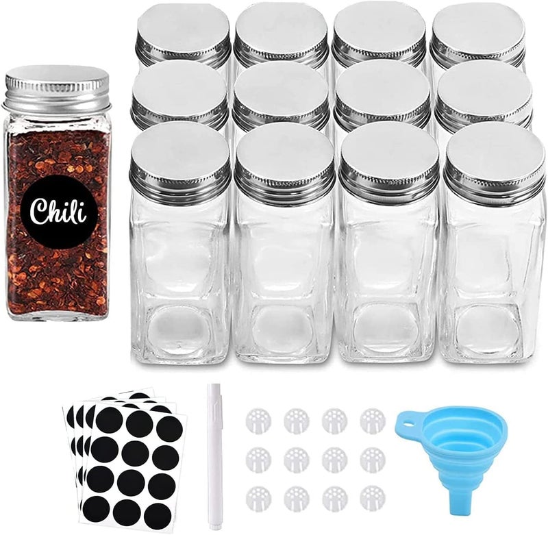 KITOME Clear Glass Spice Jars 120ml – 12 Pack Square Seasoning Bottles with Shaker Lids, Airtight Metal Caps, 48 Labels, Chalk Marker, Funnel & Cleaning Brush for Kitchen Storage - Image 1