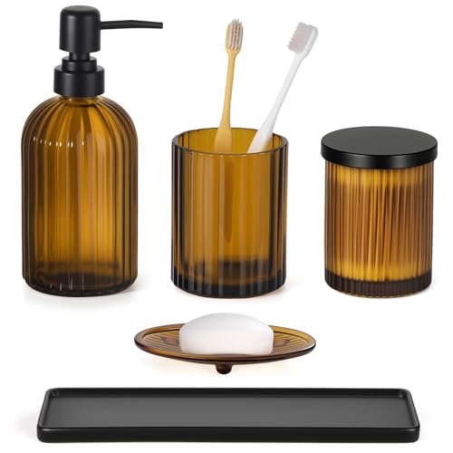 Shinowa Glass Bathroom Accessories Set, 5 Piece Luxury Bathroom Set with Soap Dispenser, Toothbrush Holder, Qtip Holder with Lid, Soap Dish & Tray, Modern Vanity Countertop Organizer, Brown + Black - Image 1