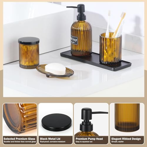 Shinowa Glass Bathroom Accessories Set, 5 Piece Luxury Bathroom Set with Soap Dispenser, Toothbrush Holder, Qtip Holder with Lid, Soap Dish & Tray, Modern Vanity Countertop Organizer, Brown + Black - Image 4