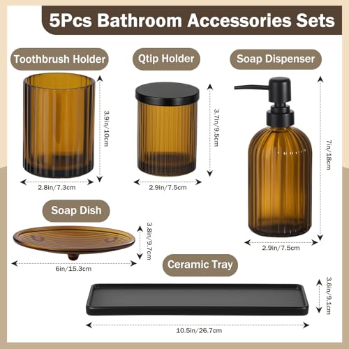 Shinowa Glass Bathroom Accessories Set, 5 Piece Luxury Bathroom Set with Soap Dispenser, Toothbrush Holder, Qtip Holder with Lid, Soap Dish & Tray, Modern Vanity Countertop Organizer, Brown + Black - Image 3