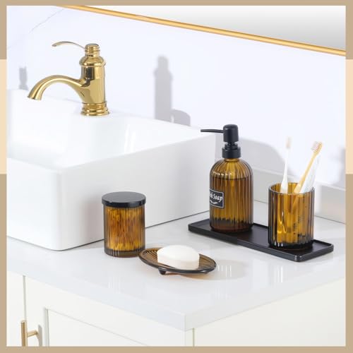 Shinowa Glass Bathroom Accessories Set, 5 Piece Luxury Bathroom Set with Soap Dispenser, Toothbrush Holder, Qtip Holder with Lid, Soap Dish & Tray, Modern Vanity Countertop Organizer, Brown + Black - Image 2