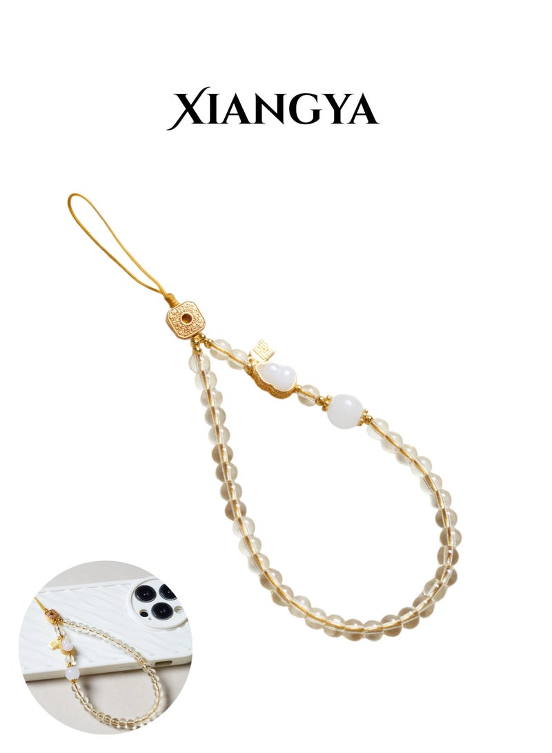 XIANGYA Phone Charms Citrine Stone Strap – Gold Plated Beaded Mobile Chain with Chalcedony Gourd & White Agate, Elegant Phone Bracelet Accessories, Lucky Crystal Gift, Perfect Gifts for Ladies - Image 1