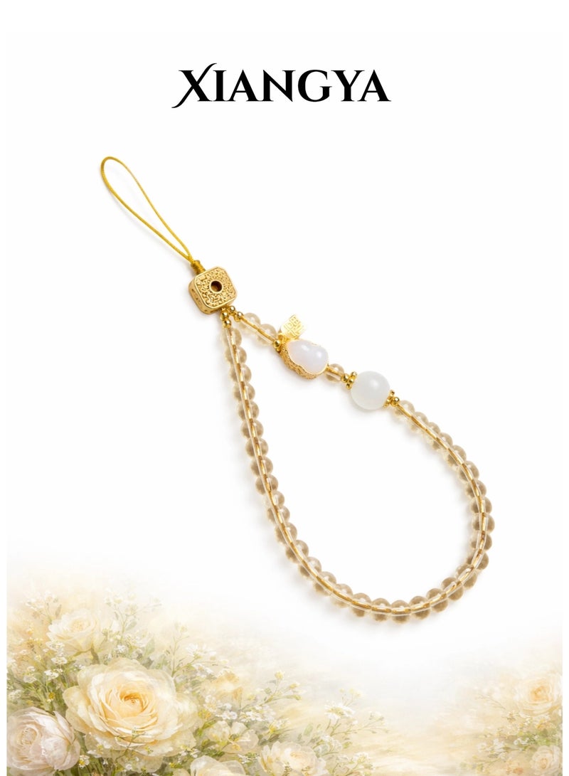 XIANGYA Phone Charms Citrine Stone Strap – Gold Plated Beaded Mobile Chain with Chalcedony Gourd & White Agate, Elegant Phone Bracelet Accessories, Lucky Crystal Gift, Perfect Gifts for Ladies - Image 1