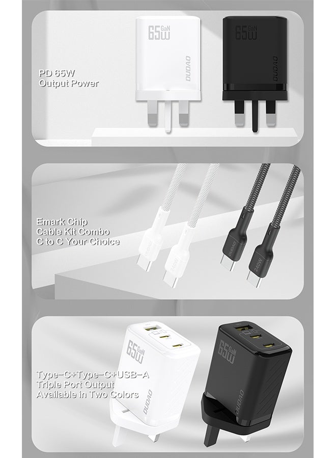 DUDAO 65W GaN 3-Port Super Fast Charger Set, Compact Laptop Charger Type C Wall Charger, USB + 2*Type-C Power Adapter whit 240W Type-C Cable, 9-Layer Safety Protection, Smart Temperature Control, Compatible with All Phone Models, Tablets, Laptops, Watches - Image 5