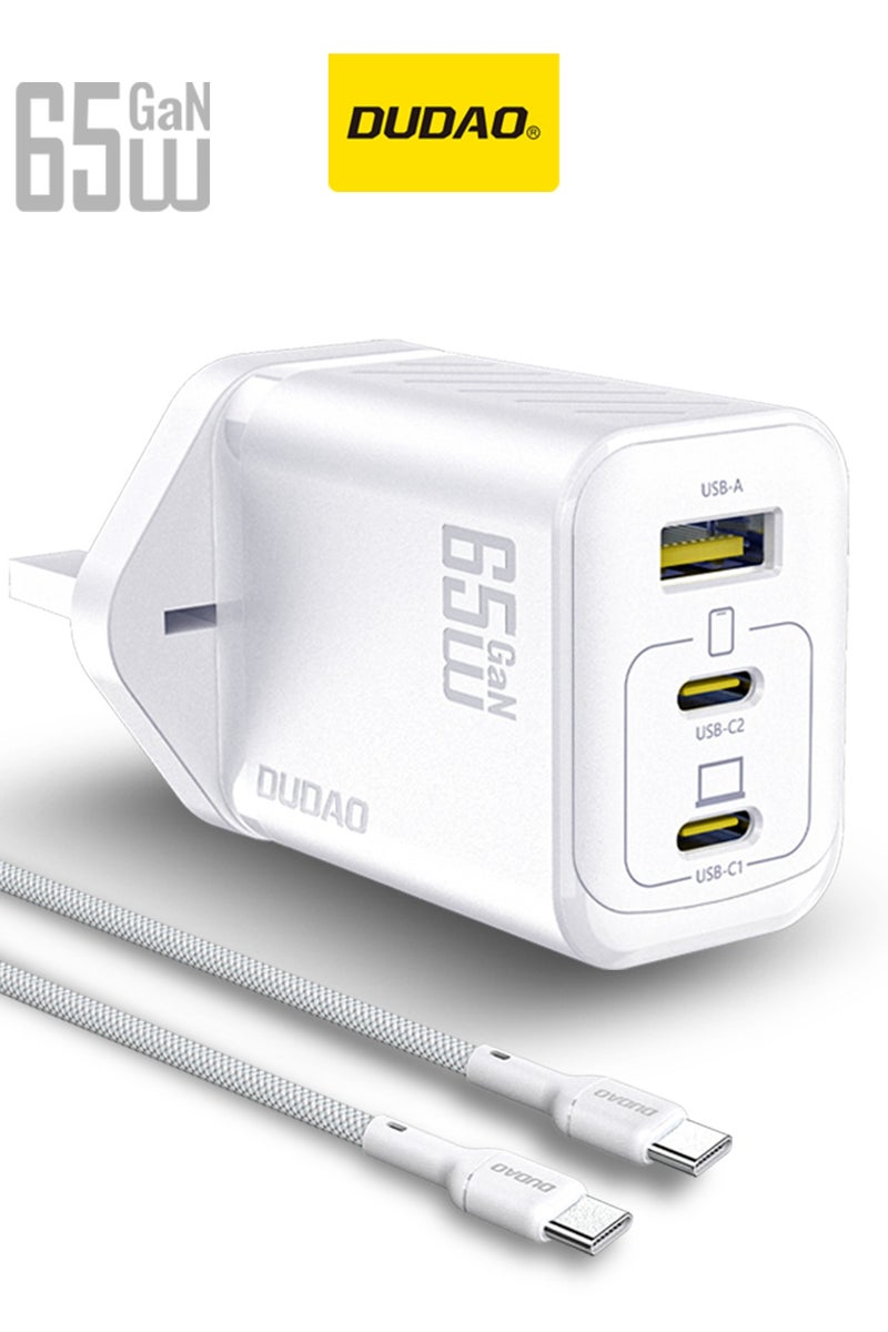 DUDAO 65W GaN 3-Port Super Fast Charger Set, Compact Laptop Charger Type C Wall Charger, USB + 2*Type-C Power Adapter whit 240W Type-C Cable, 9-Layer Safety Protection, Smart Temperature Control, Compatible with All Phone Models, Tablets, Laptops, Watches - Image 1