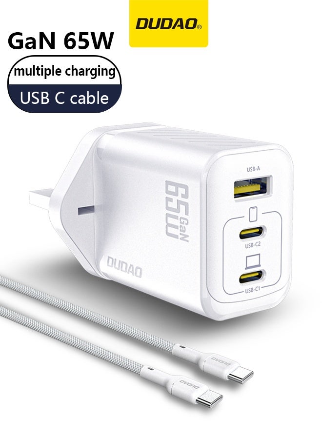 دوداو شاحن سريع GaN بقوة 65 واط – شاحن حائط Type-C مدمج بثلاثة منافذ (USB + 2*Type-C) مع كابل 240 واط – شحن آمن 9 طبقات، تحكم ذكي بدرجة الحرارة، متوافق مع جميع الهواتف، اللابتوبات، الأجهزة اللوحية والساعات - Image 1