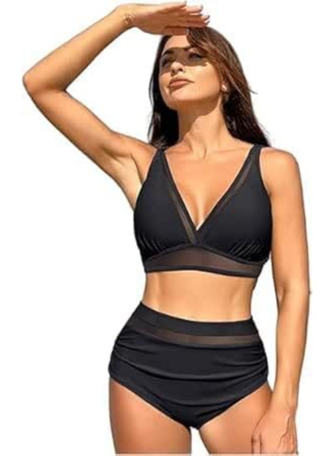 Hanady Women Two Piece Swimsuit High Waisted Mesh Details Modern Collar Swimwear (7155)XL - Image 1