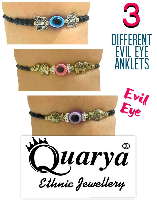 Quarya Black Anklet Evil Eye Thread Knot Kala Dhaga Nazariya Payal with Beads and Oxidised Charms Adjustable Chain for Girls and Women (Pack of 3 Different Anklets) - Image 2