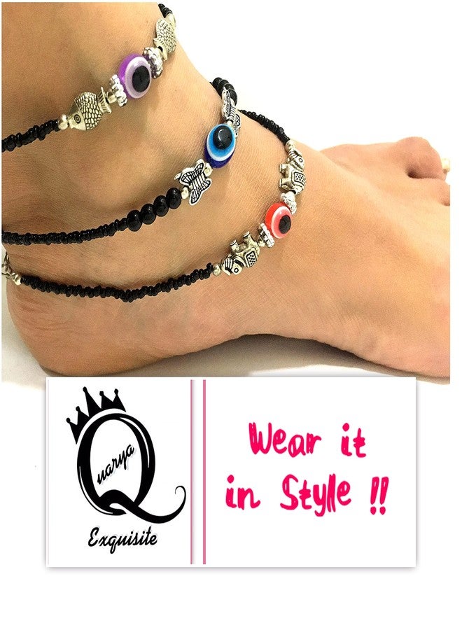 Quarya Black Anklet Evil Eye Thread Knot Kala Dhaga Nazariya Payal with Beads and Oxidised Charms Adjustable Chain for Girls and Women (Pack of 3 Different Anklets) - Image 5