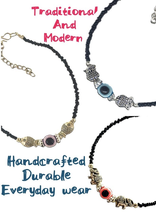 Quarya Black Anklet Evil Eye Thread Knot Kala Dhaga Nazariya Payal with Beads and Oxidised Charms Adjustable Chain for Girls and Women (Pack of 3 Different Anklets) - Image 4