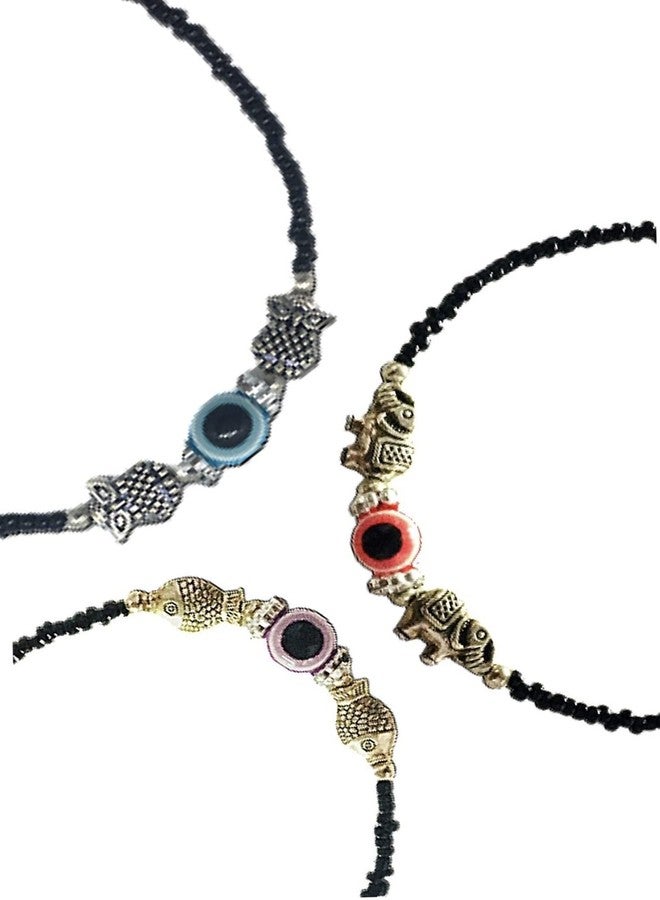 Quarya Black Anklet Evil Eye Thread Knot Kala Dhaga Nazariya Payal with Beads and Oxidised Charms Adjustable Chain for Girls and Women (Pack of 3 Different Anklets) - Image 1