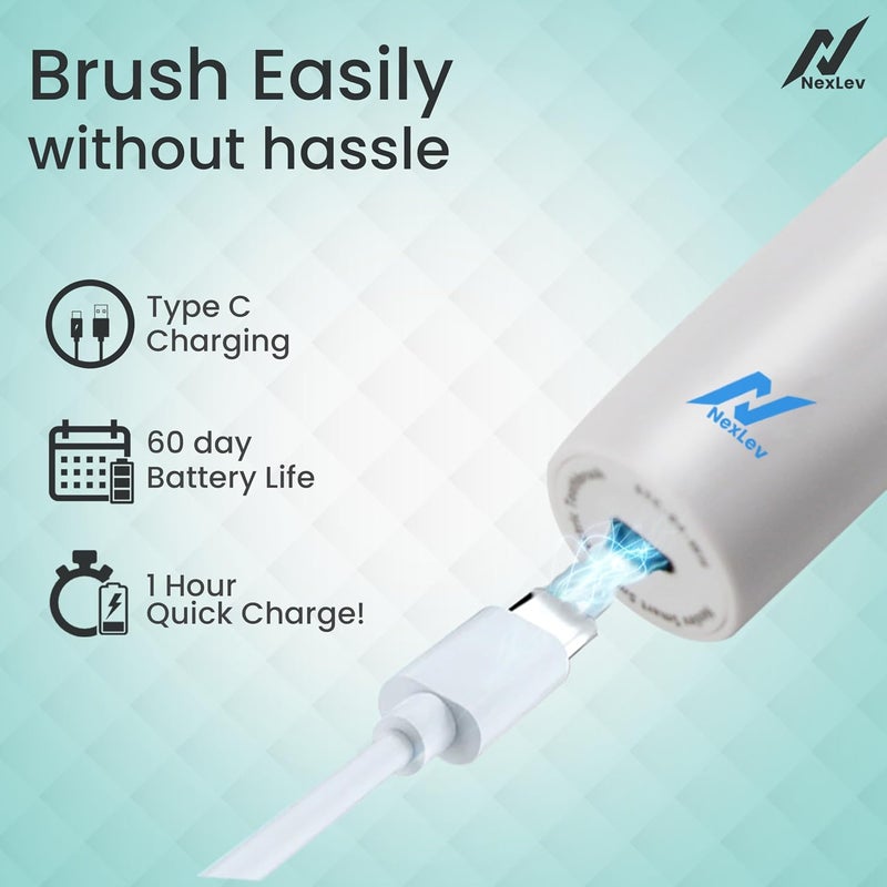 nexlev Electric Toothbrush|40000 vibrations/minute| USB Type C| 6 Modes| 2 Min timer| 30 sec Quad Interval| 4 Replaceable Brush Heads With Cover| IPX7 Waterproof| For Adults|Sparkle Pro ETC-07 White - Image 5