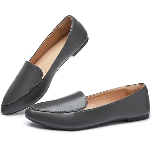 FINIWOR Loafers for Women Flats Shoes Women Pointed Toe Dress Shoes Comfortable Memory Foam Penny Loafers Slip On Shoes(Grey US6) - Image 1