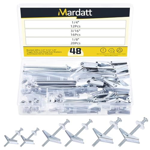 Mardatt 48 Sets 3 Sizes Toggle Bolts and Wing Nut Assortment Kit, 1/8" 3/16" 1/4" Metal Toggle Bolts Round Head Toggle Wing Nut Bolt Set Butterfly Toggle Anchors for Hanging Heavy Items on Drywall - Image 1