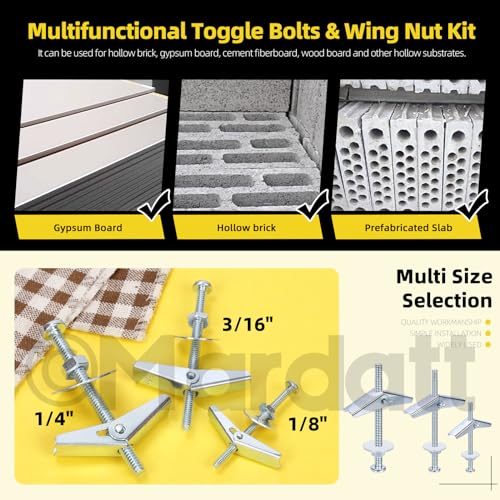 Mardatt 48 Sets 3 Sizes Toggle Bolts and Wing Nut Assortment Kit, 1/8" 3/16" 1/4" Metal Toggle Bolts Round Head Toggle Wing Nut Bolt Set Butterfly Toggle Anchors for Hanging Heavy Items on Drywall - Image 3