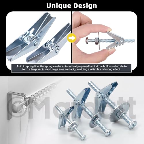 Mardatt 48 Sets 3 Sizes Toggle Bolts and Wing Nut Assortment Kit, 1/8" 3/16" 1/4" Metal Toggle Bolts Round Head Toggle Wing Nut Bolt Set Butterfly Toggle Anchors for Hanging Heavy Items on Drywall - Image 5