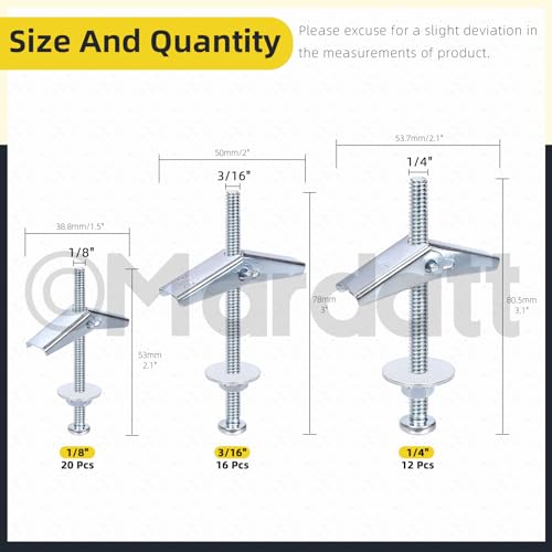 Mardatt 48 Sets 3 Sizes Toggle Bolts and Wing Nut Assortment Kit, 1/8" 3/16" 1/4" Metal Toggle Bolts Round Head Toggle Wing Nut Bolt Set Butterfly Toggle Anchors for Hanging Heavy Items on Drywall - Image 2