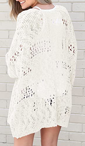 Ermonn Womens Crochet Cardigan Kimono Boho Long Sleeve Lightweight Soft Oversized Open Front Knitted Sweater Cream White - Image 3