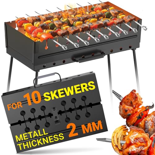 MHH Charcoal Grill for 10 Skewers - Portable BBQ Mangal - Foldable Metal Grill for Shashlik, Kebab, Picnic, Outdoor Cooking (Skewers Not Included) - Image 1