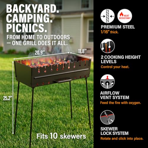 MHH Charcoal Grill for 10 Skewers - Portable BBQ Mangal - Foldable Metal Grill for Shashlik, Kebab, Picnic, Outdoor Cooking (Skewers Not Included) - Image 2