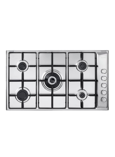 90 cm stainless steel Gas hob, 5 gas burners including 1 double ring wok burner, matt enamelled pan supports, safety devices and electronic ignition, sideward control gas knobs.