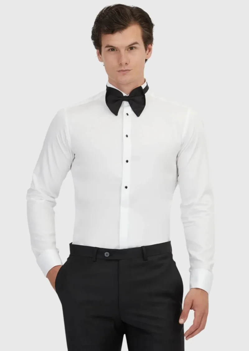 RAMSEY White Plain Slim Fit Double Cuff Wing Collar Tuxedo Shirts