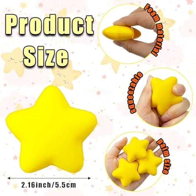 Baaxxango 36 Pcs Star Stress Balls,2.16inch Mini Foam Squeeze Balls,Yellow Anxiety Relief Star Toys for Party Bag Gift Fillers Birthday Favors Classroom Prize - Image 2
