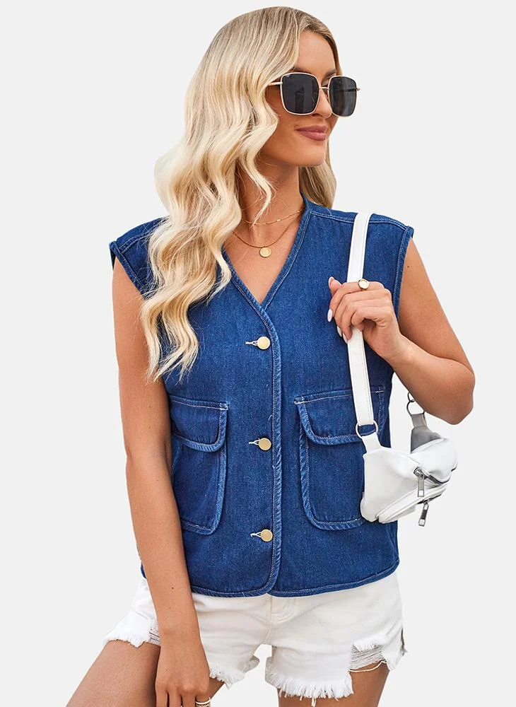 يونيكي Blue V Neck Plain Top