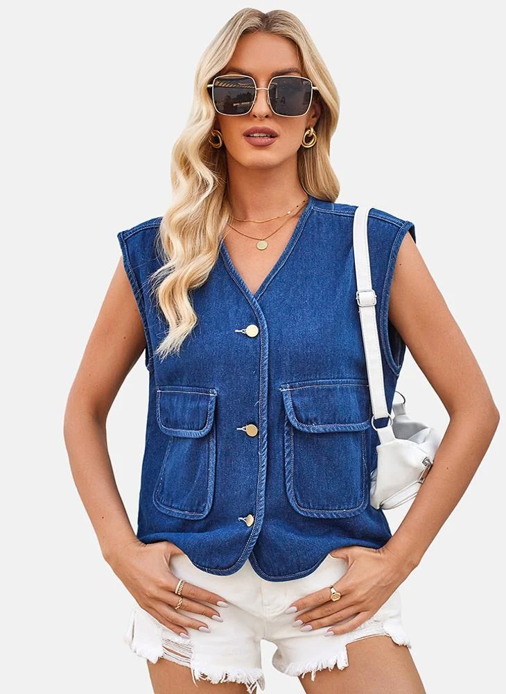 يونيكي Blue V Neck Plain Top