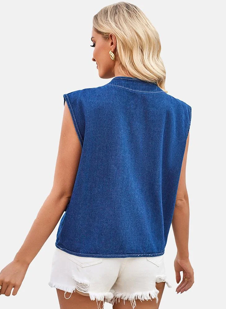 يونيكي Blue V Neck Plain Top