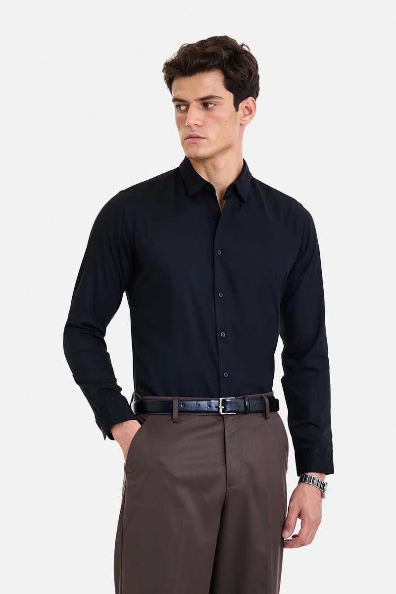 SNITCH Black Solid Long Sleeve Slim Fit Formal Shirt